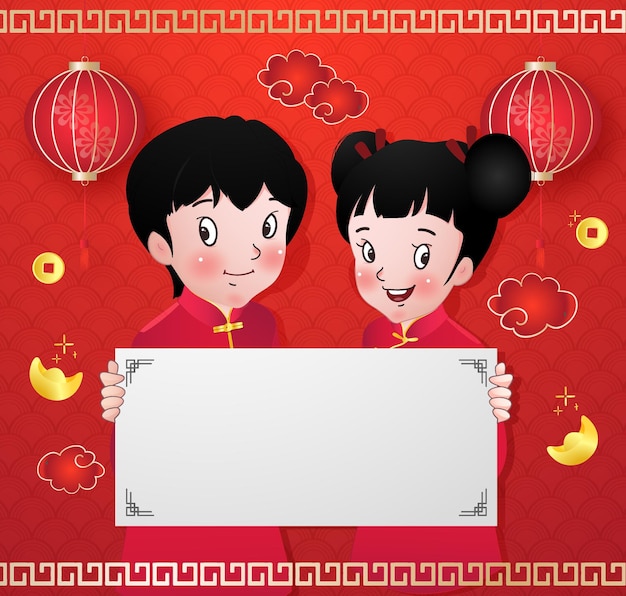 Gelukkig beeldverhaal chinees paar dat lege banner samen houdt