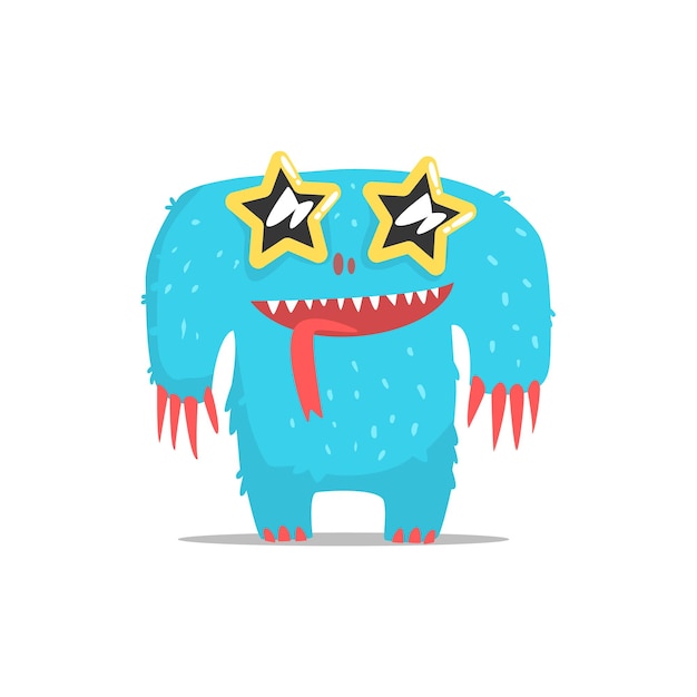 Vector gelukkig blauwe harige gigantische monster in stervormige donkere bril feesten hard als een gast op glamoureuze chique partij vectorillustratie