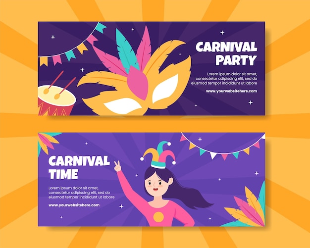 Gelukkig carnaval partij horizontale banner sjabloon cartoon achtergrond vectorillustratie