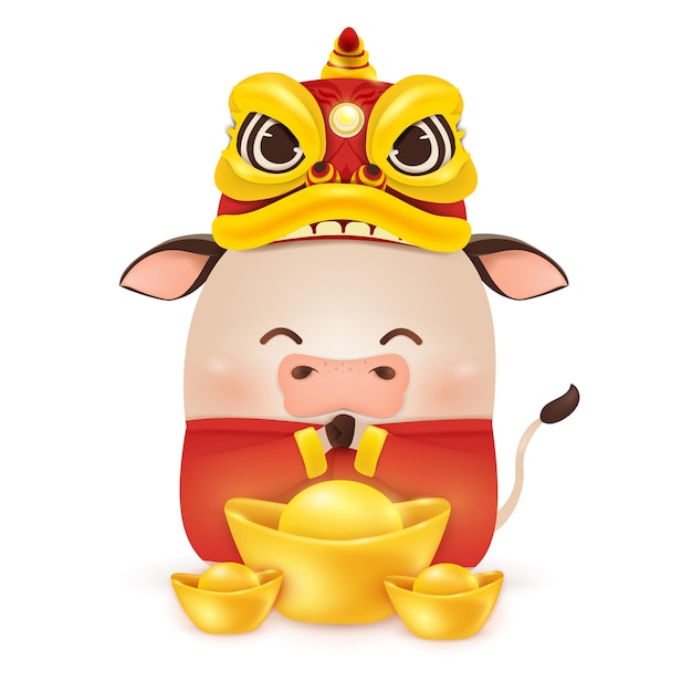 Vector gelukkig chinees nieuwjaar 2021. cartoon little ox characterdesign met dragon dance head