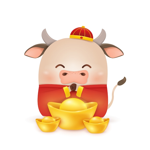 Gelukkig chinees nieuwjaar 2021. cartoon little ox-personageontwerp met traditioneel chinees rood kostuum, met chinese goudstaaf geïsoleerd. het jaar van de stier. dierenriem van de os.