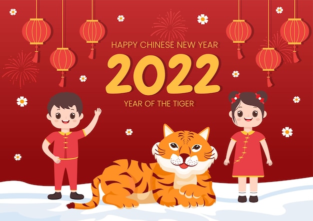 Gelukkig Chinees Nieuwjaar 2022 met Zodiac Cute Tiger en kinderen op rode achtergrond voor wenskaart, kalender of Poster in platte ontwerp illustratie