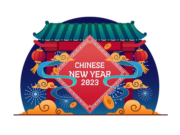 Gelukkig Chinees Nieuwjaar 2023 Illustratie met Chinese toegangspoort en traditionele decoratie