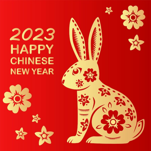 Gelukkig Chinees nieuwjaar 2023 Sterrenbeeld jaar van het konijn met rood papier knippen kunst op witte kleur achtergrond met chinese bloemen