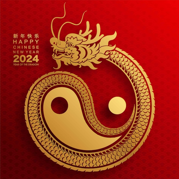 Gelukkig Chinees Nieuwjaar 2024 het draak sterrenbeeld met Aziatische elementen wit en blauw papier gesneden stijl op kleur achtergrond Vertaling gelukkig nieuwjaar 2024 jaar van de draak