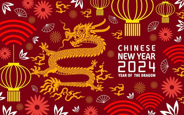 Gelukkig chinees nieuwjaar 2024 jaar van de chinese draak dierenriem met op kleur achtergrond vertaling gelukkig nieuwjaar chinese draak