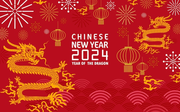 Vector gelukkig chinees nieuwjaar 2024 jaar van de chinese draak dierenriem met op kleur achtergrond vertaling gelukkig nieuwjaar chinese draak