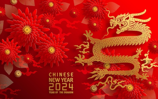 Gelukkig chinees nieuwjaar 2024 jaar van de chinese draak dierenriem met op kleur achtergrond vertaling gelukkig nieuwjaar chinese draak