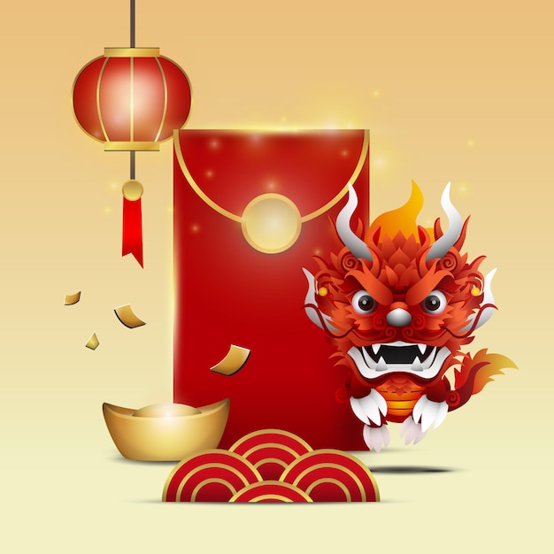 Gelukkig Chinees Nieuwjaar 2024 jaar van de draak met een mooie drakenvector op een crèmekleurige achtergrond