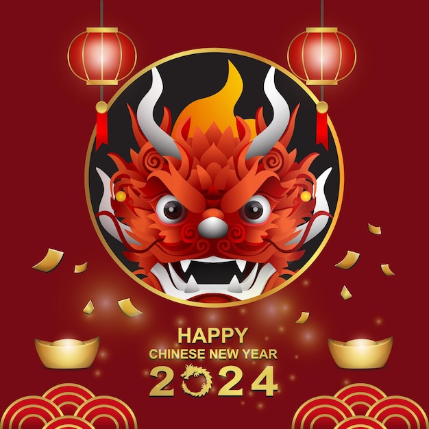 Gelukkig Chinees Nieuwjaar 2024 jaar van de draak met gedetailleerde drakenkopvector