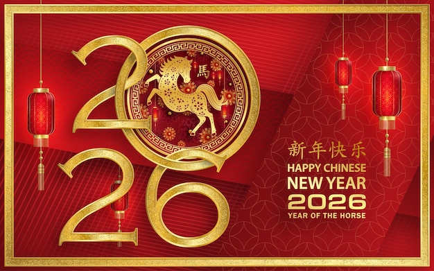 Gelukkig Chinees nieuwjaar 2026 paard Zodiac teken met gouden papier snijden stijl op kleur achtergrond