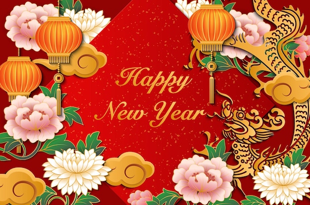 Gelukkig Chinees nieuwjaar retro goud rood reliëf draak pioen bloem lantaarn wolk en lente couplet