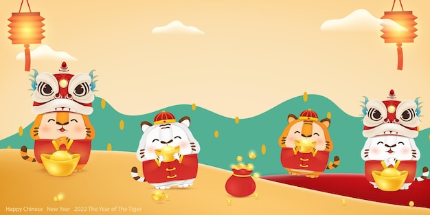Gelukkig Chinees Nieuwjaar van de tijger Dierenriemsymbool van het jaar 2022 Leuke stripfiguur tijger
