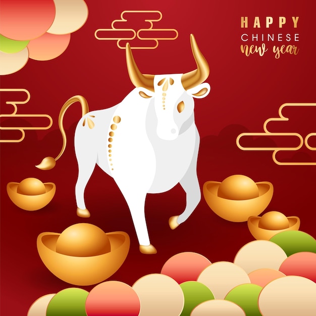 Gelukkig Chinees Nieuwjaar van Stier Witte os met gouden hoorn Stier met goudstaven of baar Symbool van het jaar