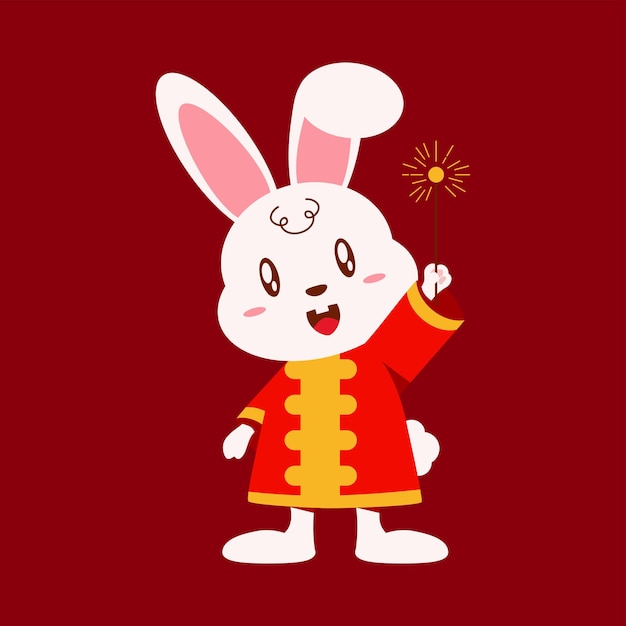 Gelukkig Chinees nieuwjaarsfeest met schattig konijn met vuurwerk