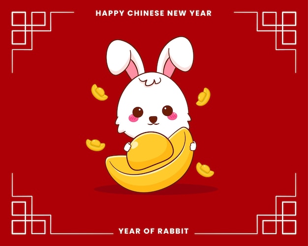 Gelukkig Chinees nieuwjaarswenskaart 2023 met schattig konijn in traditionele klederdracht met goud
