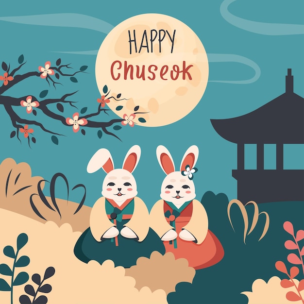 Vector gelukkig chuseok chinese midautumn festival koreaanse kleurrijke wenskaart voor vieringen in azië schattig konijntje maan boom sterren tekstsjabloon cartoon vectorillustratie