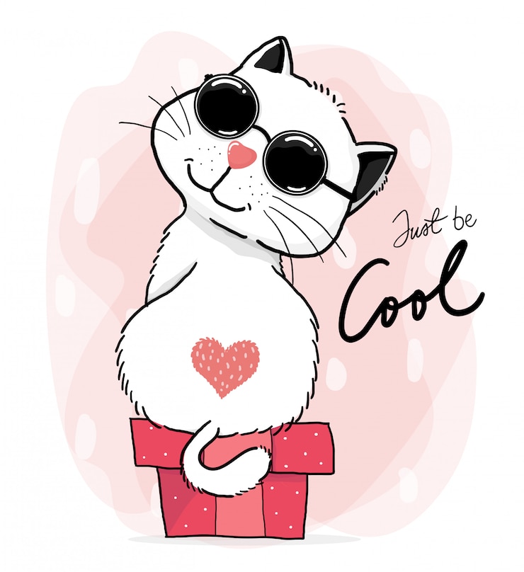 Vector gelukkig cool schattige witte pluizige dikke kat met hartmarkering draagt zonnebril op een geschenkdoos, wees cool woord, schattig karakter doodle schets tekenstijl
