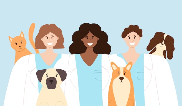 Gelukkig dierenartsen met gelukkige katten en honden dierenverzorging vector illustratie vlakke stijl Meisjes en jongens dierenarts Banner voor Wereld Veterinaire Dag