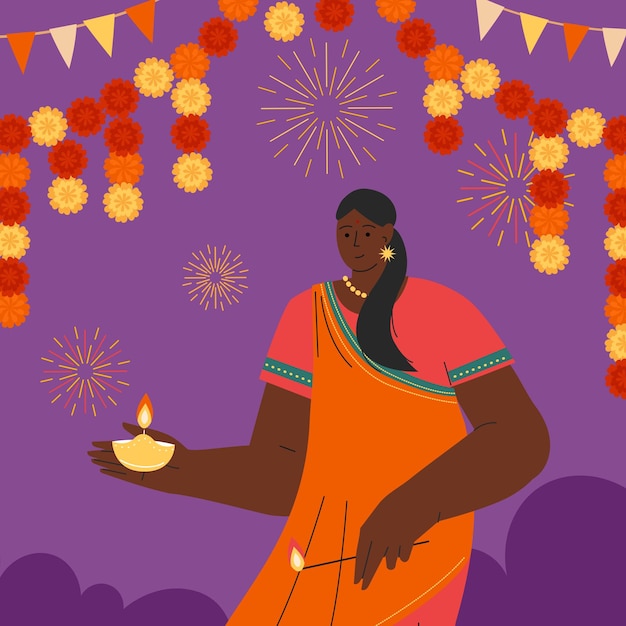 Vector gelukkig diwali diwali-concept met prachtige hindoe-indiase jonge vrouwen vier het lichtfestival