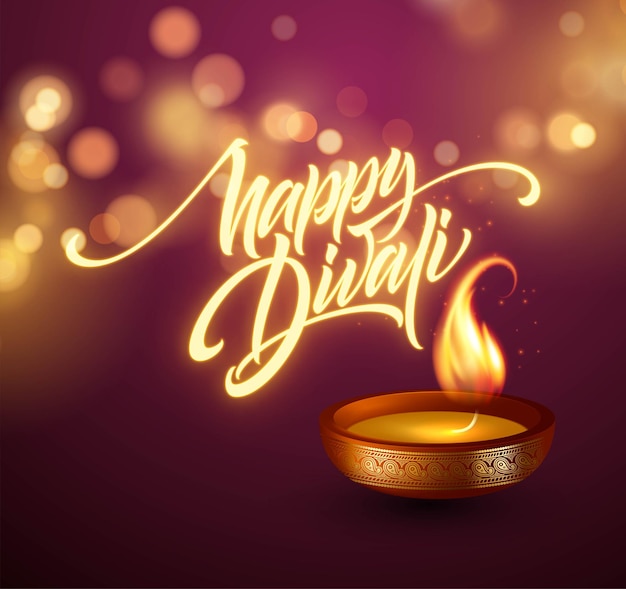 Vector gelukkig diwali-festival van lichten. retro olielamp op achtergrond nachtelijke hemel. kalligrafie hand belettering tekst. vector illustratie eps10