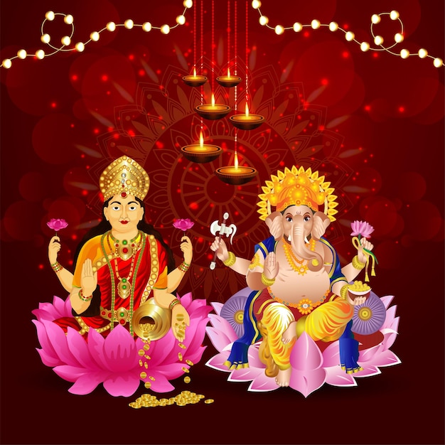 Gelukkig diwali indian festival van lichte viering banner met vectorillustratie van godin laxami en lord ganesha