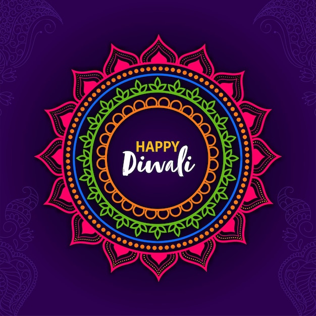 Gelukkig Diwali-lettertype op kleurrijke mandala en Paisley-patroonachtergrond