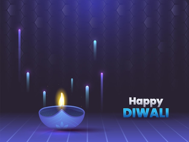 Gelukkig diwali-vieringsconcept met verlichte olielamp diya op hitech blauwe abstracte patroonachtergrond