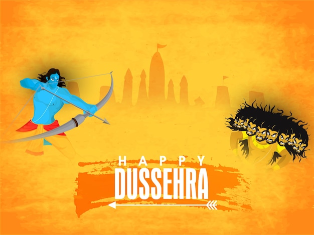 Gelukkig Dussehra belettering met Lord Rama nemen een doel tegen Demon Ravana op oranje Grunge silhouet Ayodhya of tempel achtergrond