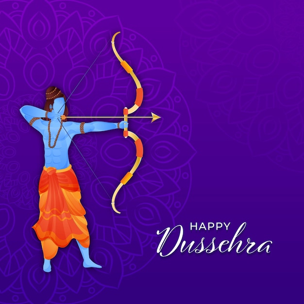 Gelukkig dussehra-concept met hindoeïstische mythologische rama die vanuit zijn wapens op paarse mandala-patroonachtergrond mikt.