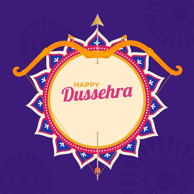 Gelukkig dussehra-lettertype met pijl van de boog op mandala frame en paarse achtergrond