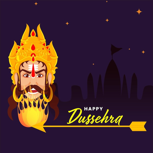 Gelukkig dussehra-lettertype met vlammende pijl en demon ravana op paarse silhouettempel of ayodhya-achtergrond