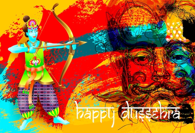 Vector gelukkig dussehra-posterontwerp van god krishna schiet een pijl uit een boog in een demon