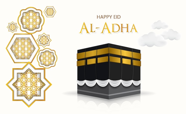 Gelukkig eid al adha kaaba-ontwerp met islamitisch ornament op witte achtergrond