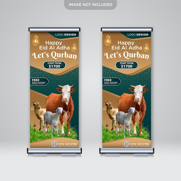 Gelukkig eid al adha mubarak roll-up bannerontwerp voor islamitisch laten we qurban