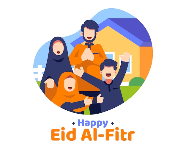 Gelukkig eid al fitr achtergrond met moslim familie illustratie