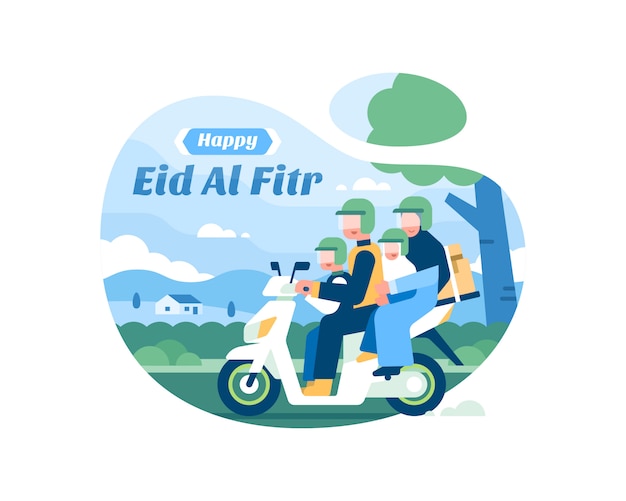 Gelukkig Eid Al Fitr achtergrond met moslim familie rijden op een motorfiets illustratie