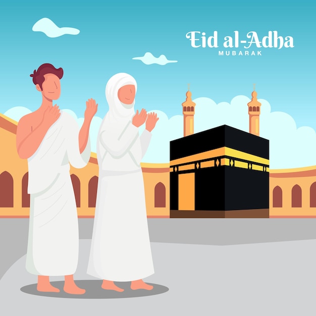 Gelukkig eid aladha mubarak met moslim mensen karakter en kaaba hajj of umrah vectorillustratie