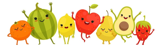 Gelukkig fruit springen Grappige verse vrolijke karakters geïsoleerd op een witte achtergrond