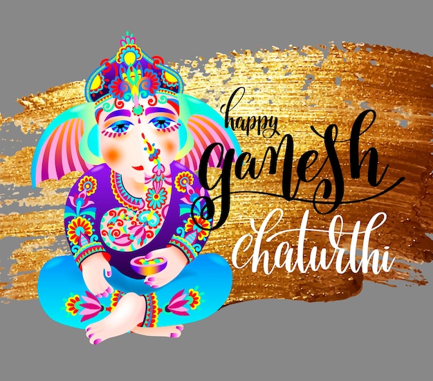 Gelukkig ganesh chaturthi indian festival design poster met god ganesha op gouden borstel