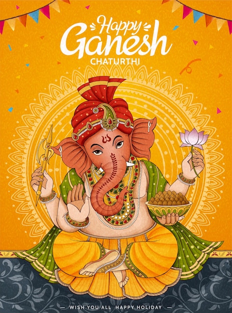 Gelukkig ganesh chaturthi-posterontwerp op chroomgele achtergrond