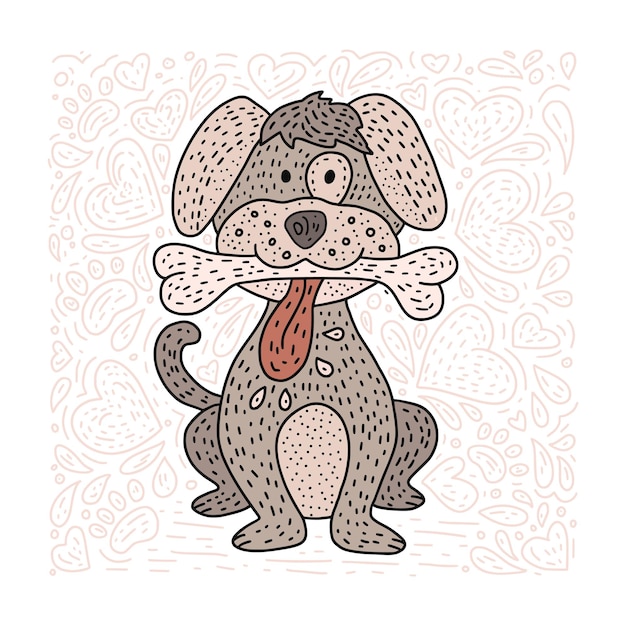 Gelukkig gedetailleerde doodle handgetekende hond met een bot en harten