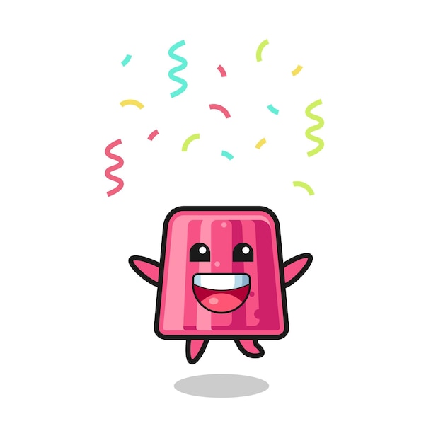 Gelukkig gelei mascotte springen voor felicitatie met kleur confetti schattig design