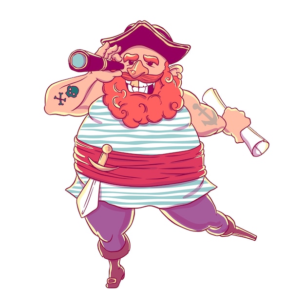 Gelukkig getatoeëerde piraat met een prothese, wapens, kaart en telescoop.
