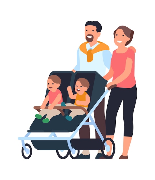 Gelukkig gezin. man en een vrouw met kinderwagen, kleine tweeling wandelen met ouders, vader en moeder met jongen en meisje kinderen, ouderschap en jeugd concept, cartoon platte geïsoleerde vectorillustratie