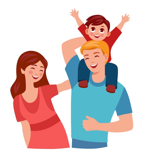 Gelukkig gezin tijdens een wandeling. Vader draagt zijn zoon op zijn schouders, moeder lacht in de buurt