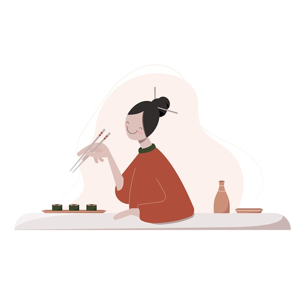 Gelukkig grappige jonge vrouw die graag sushi eet Hand getrokken vectorillustratie in cartoon-stijl