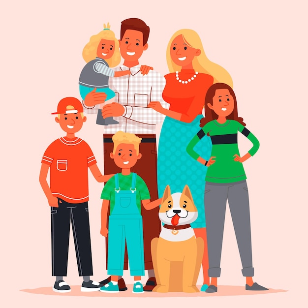 Gelukkig groot gezin. Mama, papa, kinderen en huisdier.