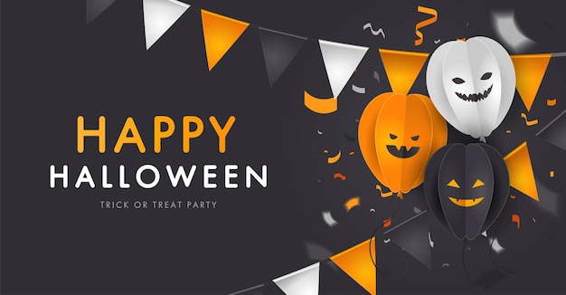 Gelukkig Halloween-bannerontwerpsjabloon met papieren ballon pompoenen emojis wichiringa vlaggen en coffetti zwarte achtergrond