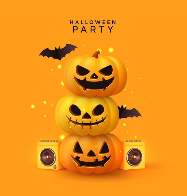 Gelukkig Halloween-discofeest. Feestelijke achtergrond met realistische 3D-oranje pompoenen met gesneden enge glimlach, vliegende vleermuizen. Muziekposter met vakantiethema met sprekers, flyer, brochure. Vector illustratie